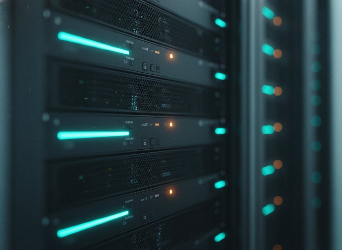 Abstract server and hosting hardware lit with soft teal light.