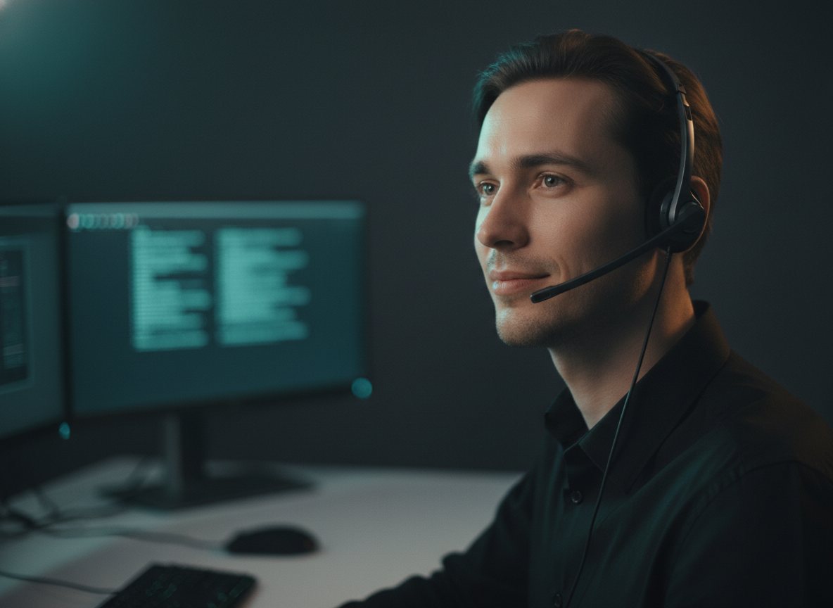 A calm support technician on a call, soft teal and amber light.