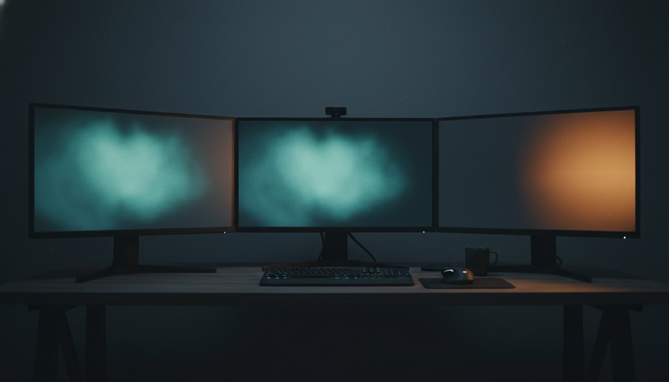 A clean modern workspace with multiple monitors and soft teal glow.